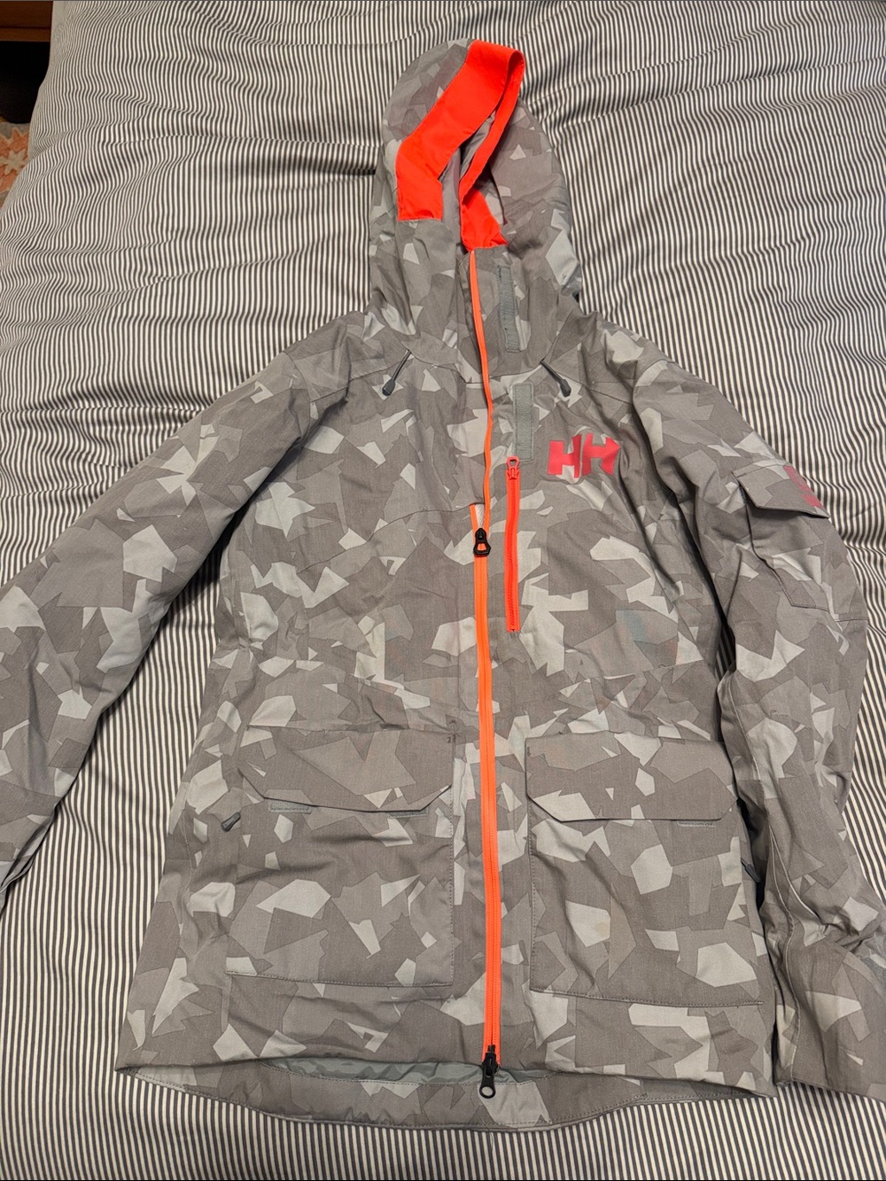 Helly Hansen Gray Geometric Camo Raincoat with Neon Orange Accents